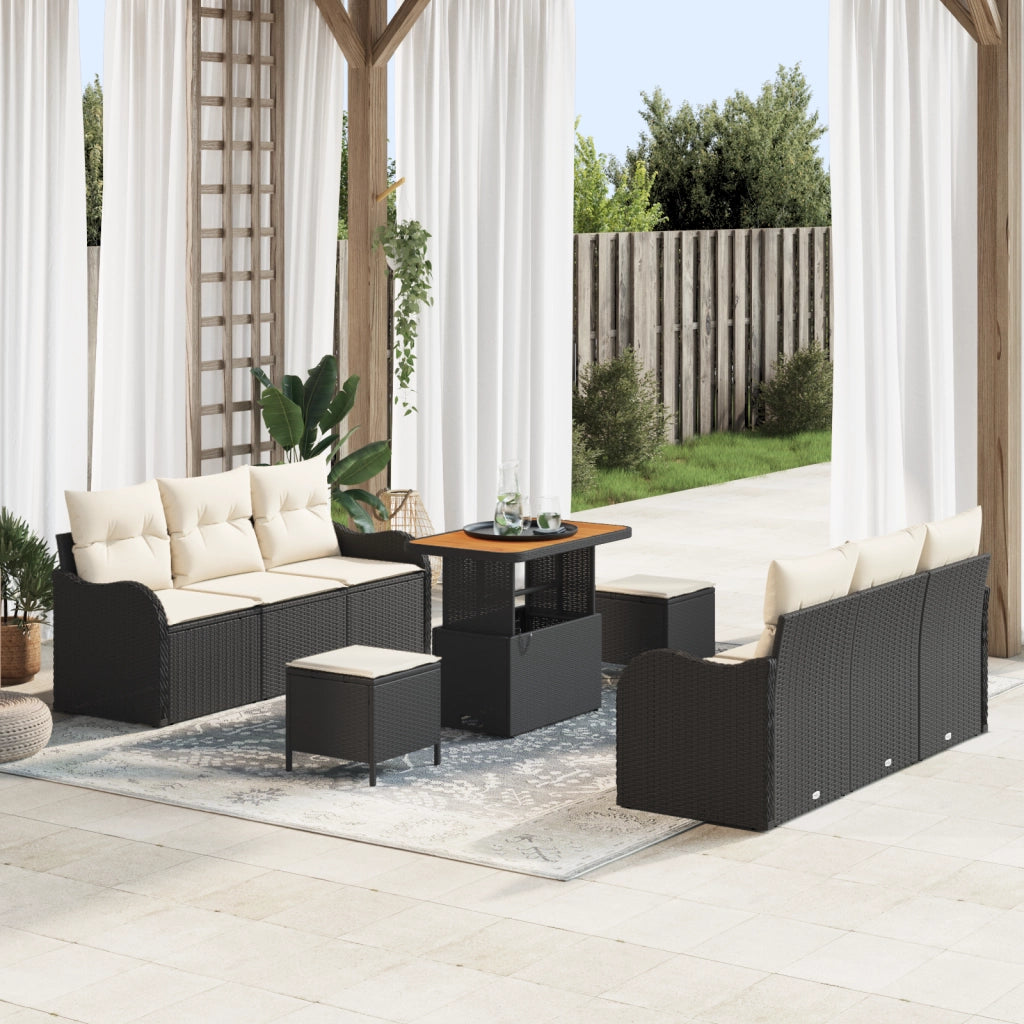 Set di divani da giardino  9 pezzi con cuscini, rattan nero e acacia