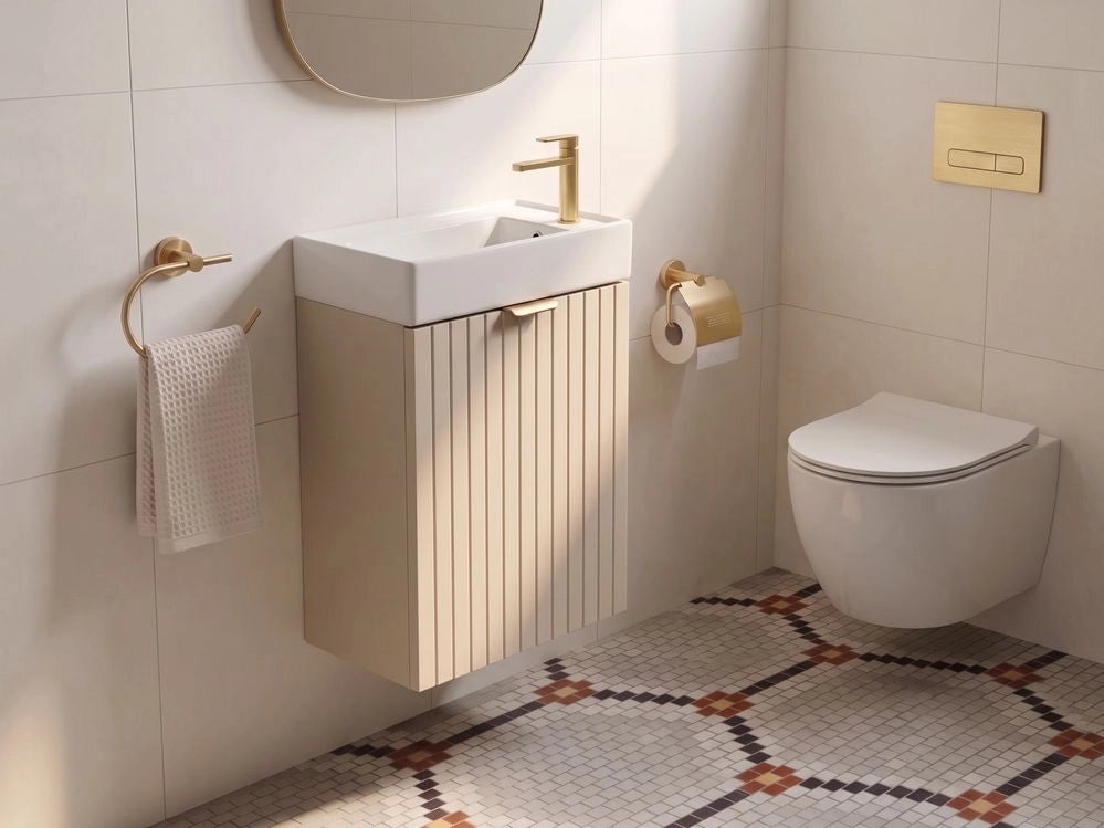 Mobile da bagno da fissare a parete con lavabo, frontale scanalato, colore beige