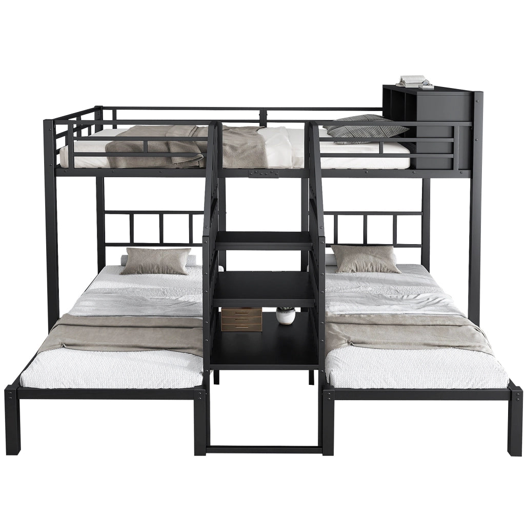 Letto a castello in ferro 3 posti con scala e contenitore; nero; 90x200 e 140x200 cm