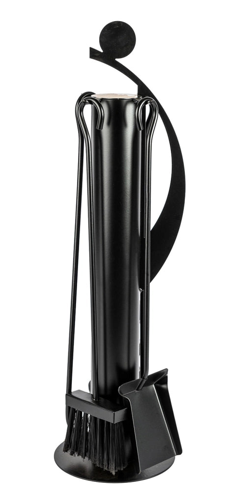 Trespolo per Attrezzi Camino Tubolare ed Elementi Decorativi con Paletta Scopino Attizzino e Pinza 18x18x63 cm in Ferro