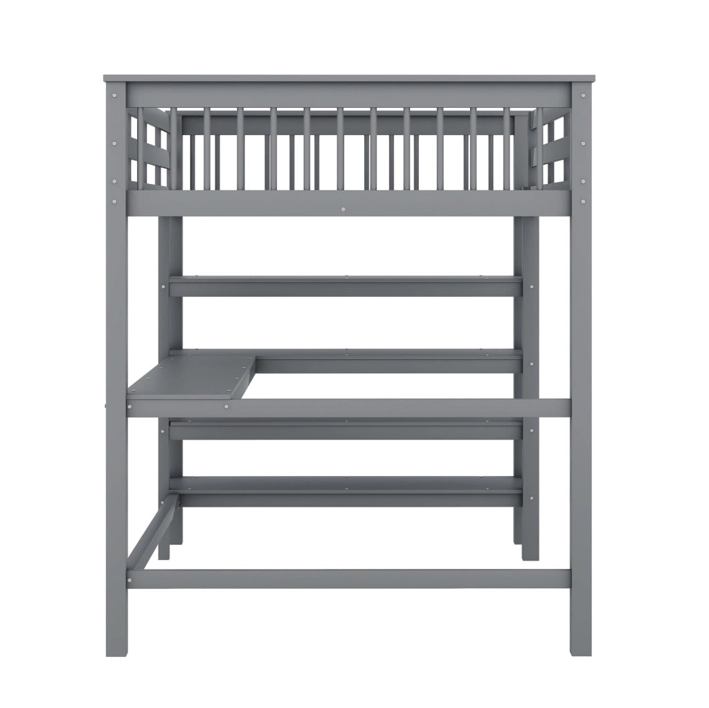 Letto a soppalco 140x200 cm con scrivania e scaffali, grigio