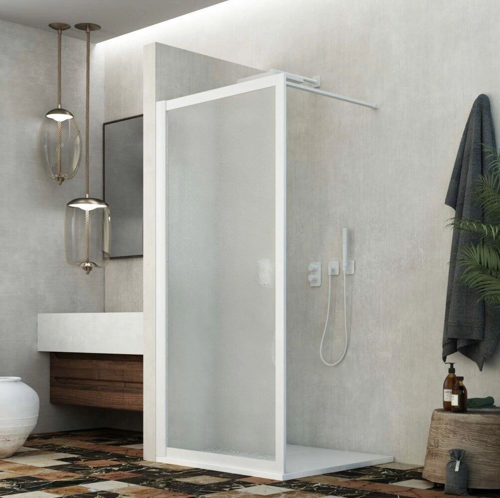 Parete doccia Walk-In in Acrilico 2.2 MM Telaio PVC Bianco - Misura: 148-150 x 185h 