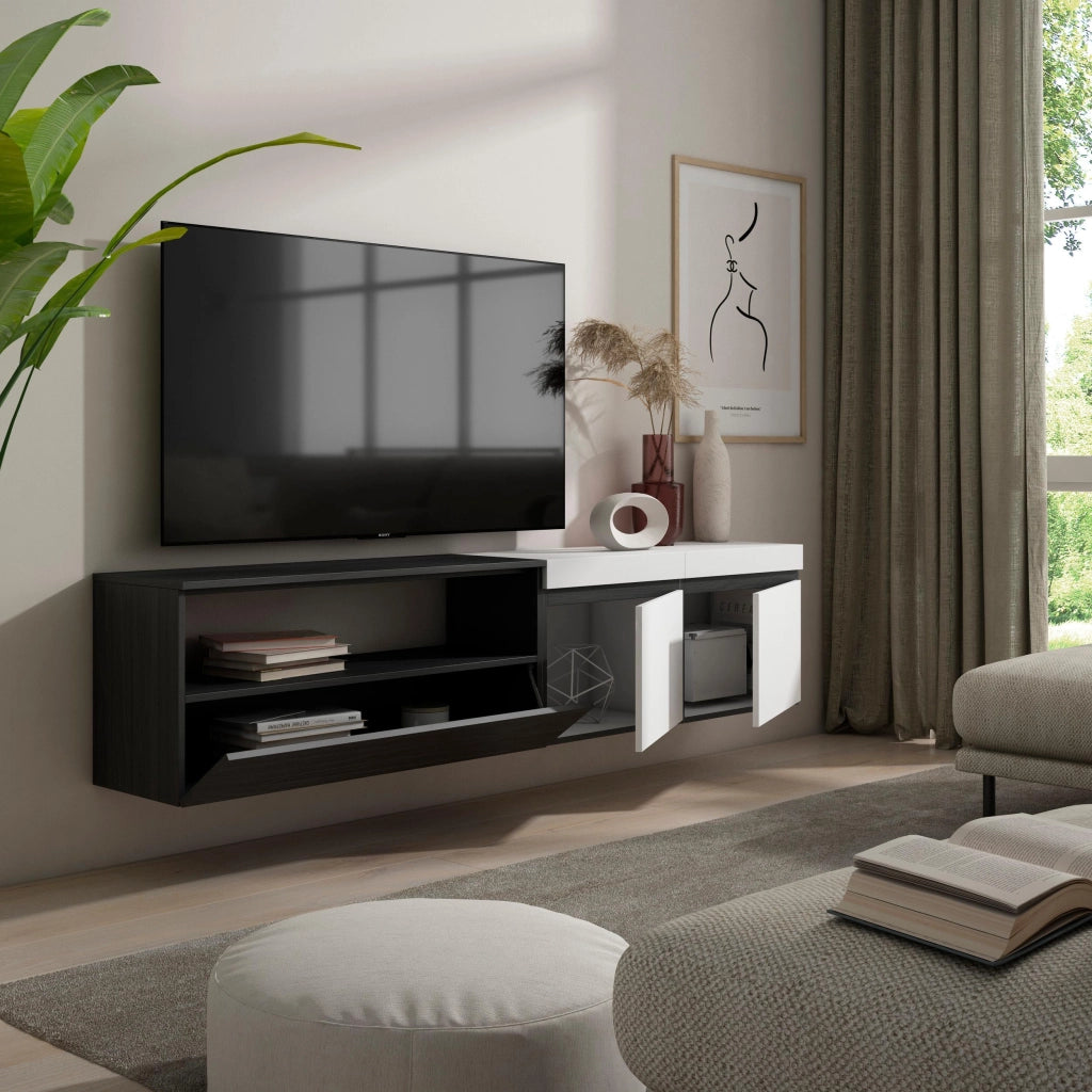 Mobile TV, 200x35x45cm, soggiorno, Per TV fino a 80", da appendere, Bianco e nero RF2162