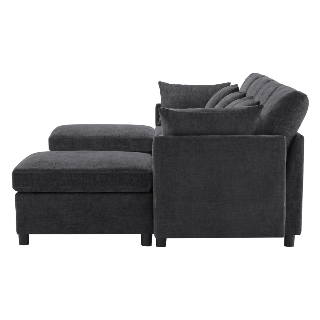 Divano modulare convertibile in configurazione U e L con 2 pouf e 6 cuscini in chenille grigio