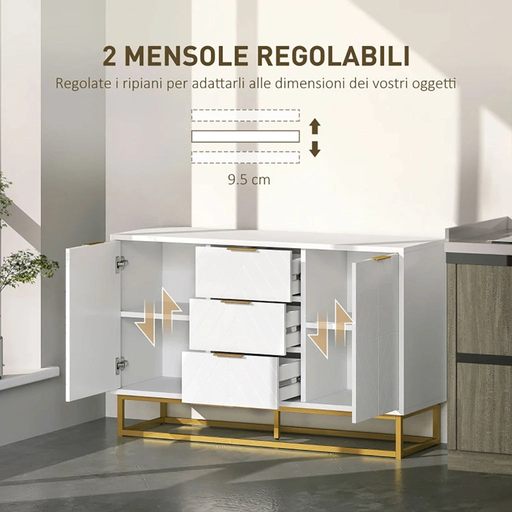 Mobile Credenza 3 Cassetti 2 Ante 120x40x76 cm in MDF e Metallo Bianco