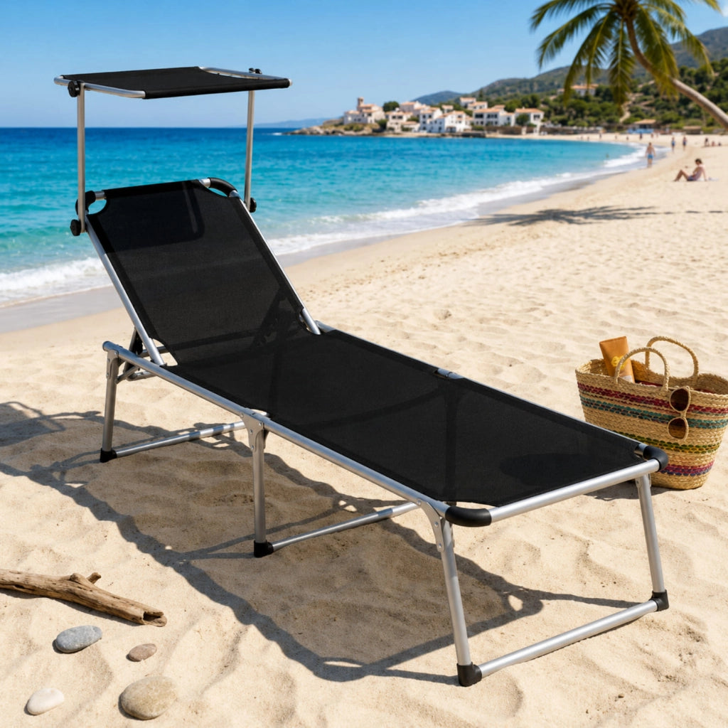 Lettino Pieghevole Prendisole Con Tettuccio Parasole Schienale Reclinabile Regolabile in 6 Posizioni Sedia Sdraio Per Spiaggia Mare Giardino Piscina 187 x 59 x 29 Cm Nero