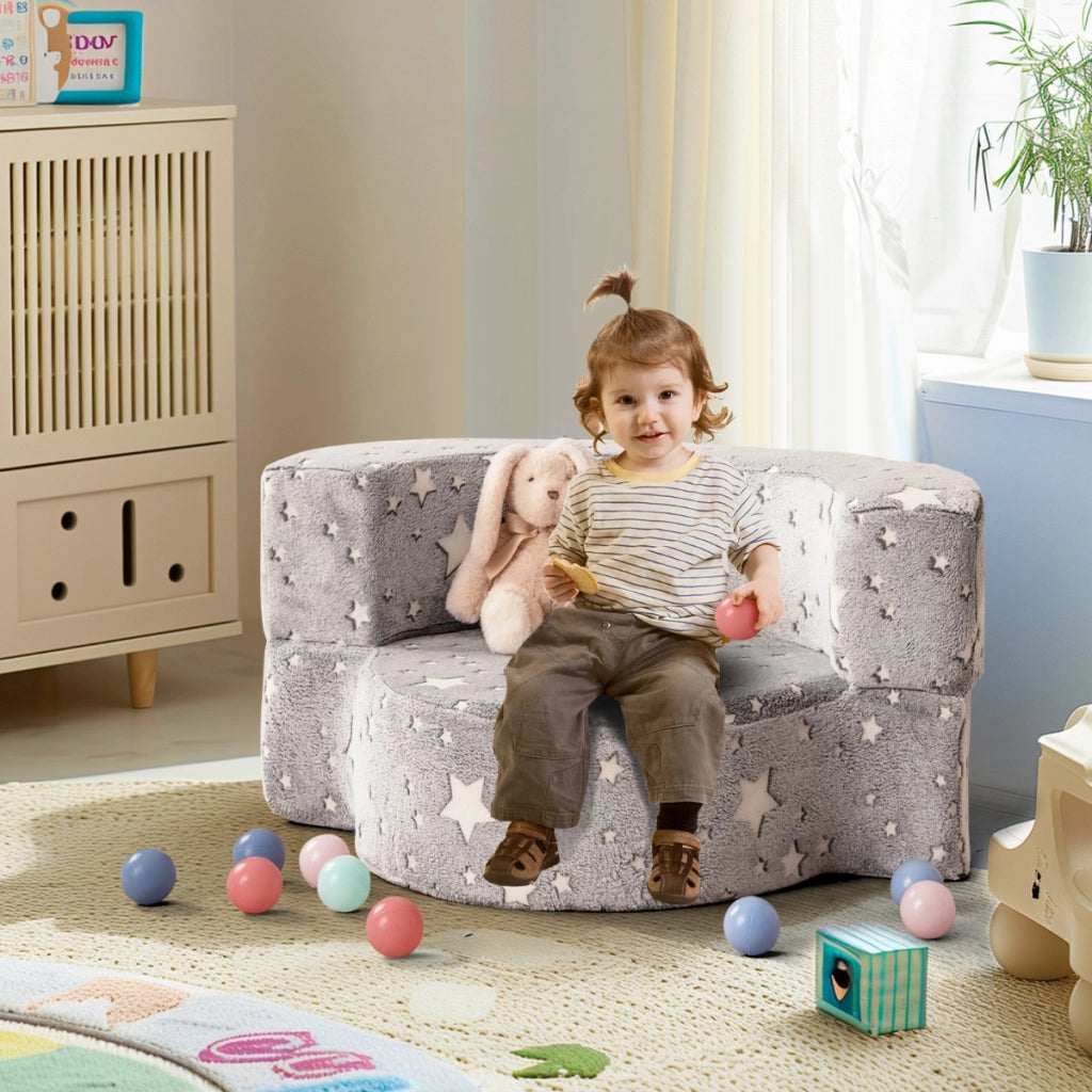 Sedia 2 in 1 per bambini divano luminoso al buio con copertura rimovibile e lavabile, Poltrona in peluche per lettura Grigio-Divani per bimbi