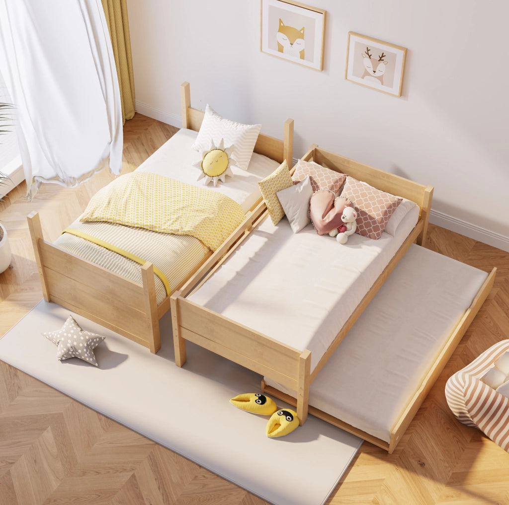 Letto a castello 90x200 cm in legno con letto estraibile; trasformabile in due letti singoli; colore legno