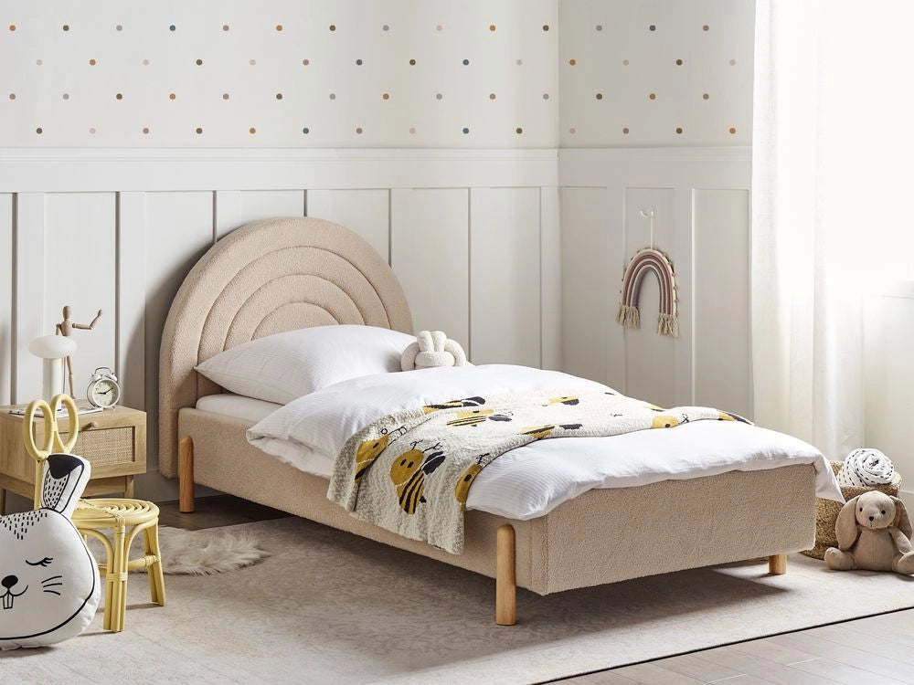 Letto singolo retrò con testiera rotonda in boucle beige 90 x 200 cm  con Testiera a Mezza Luna