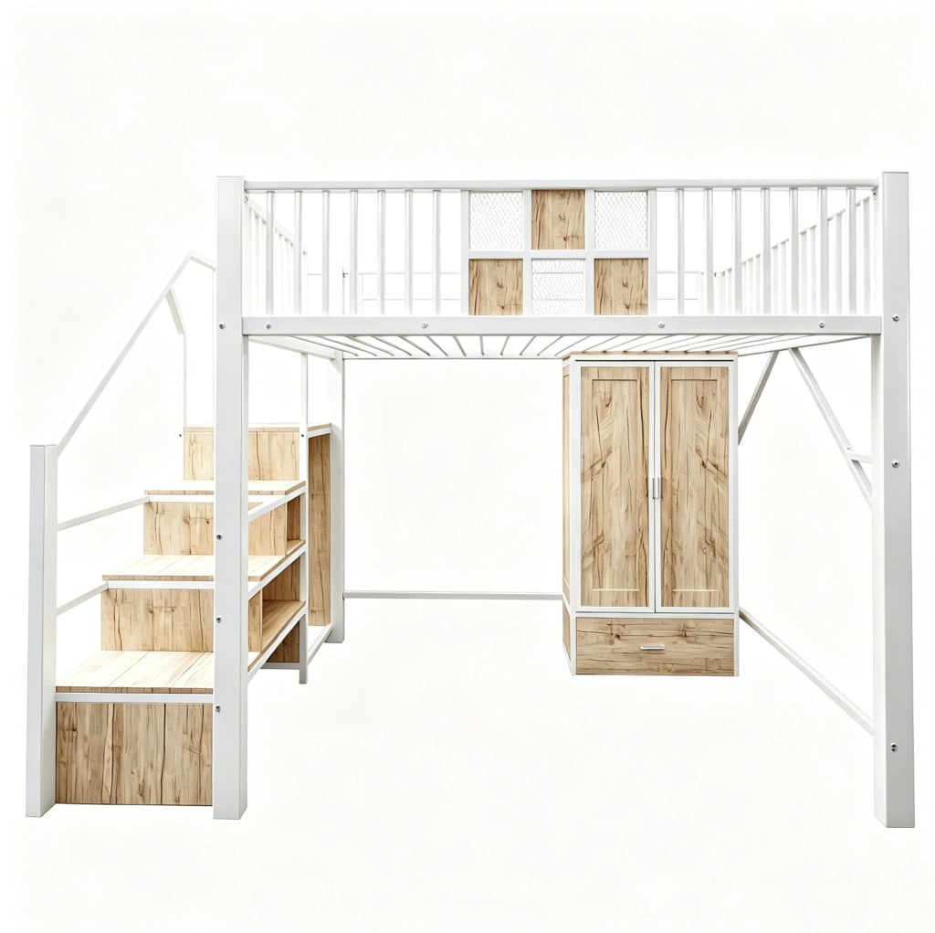 Letto a soppalco 140x200 cm con armadio, cassetto e scala contenitore