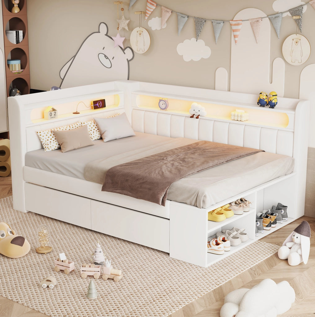 Letto singolo imbottito 90x200 cm con LED, USB e cassetti