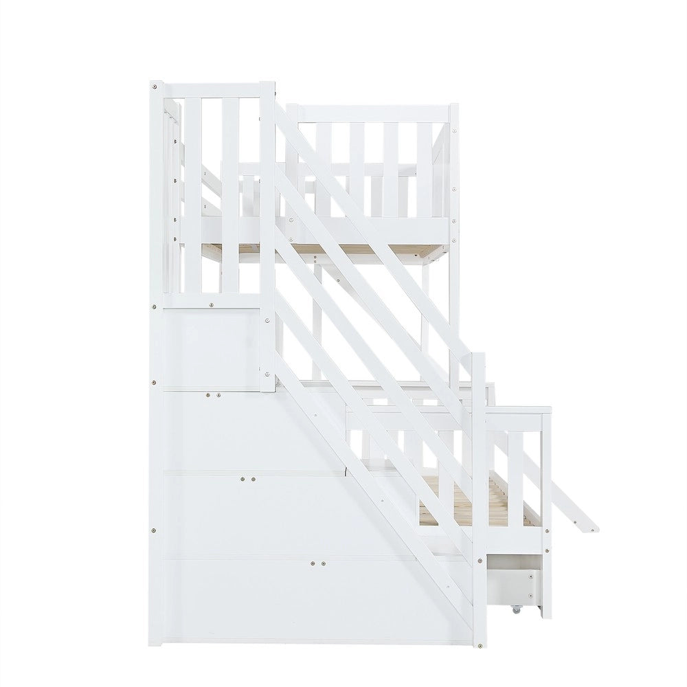 Letto a Castello Bambini con Scivolo, Cassetti e Scaletta ¨C MINIMAL ¨C Pino/MDF Bianco 90x200