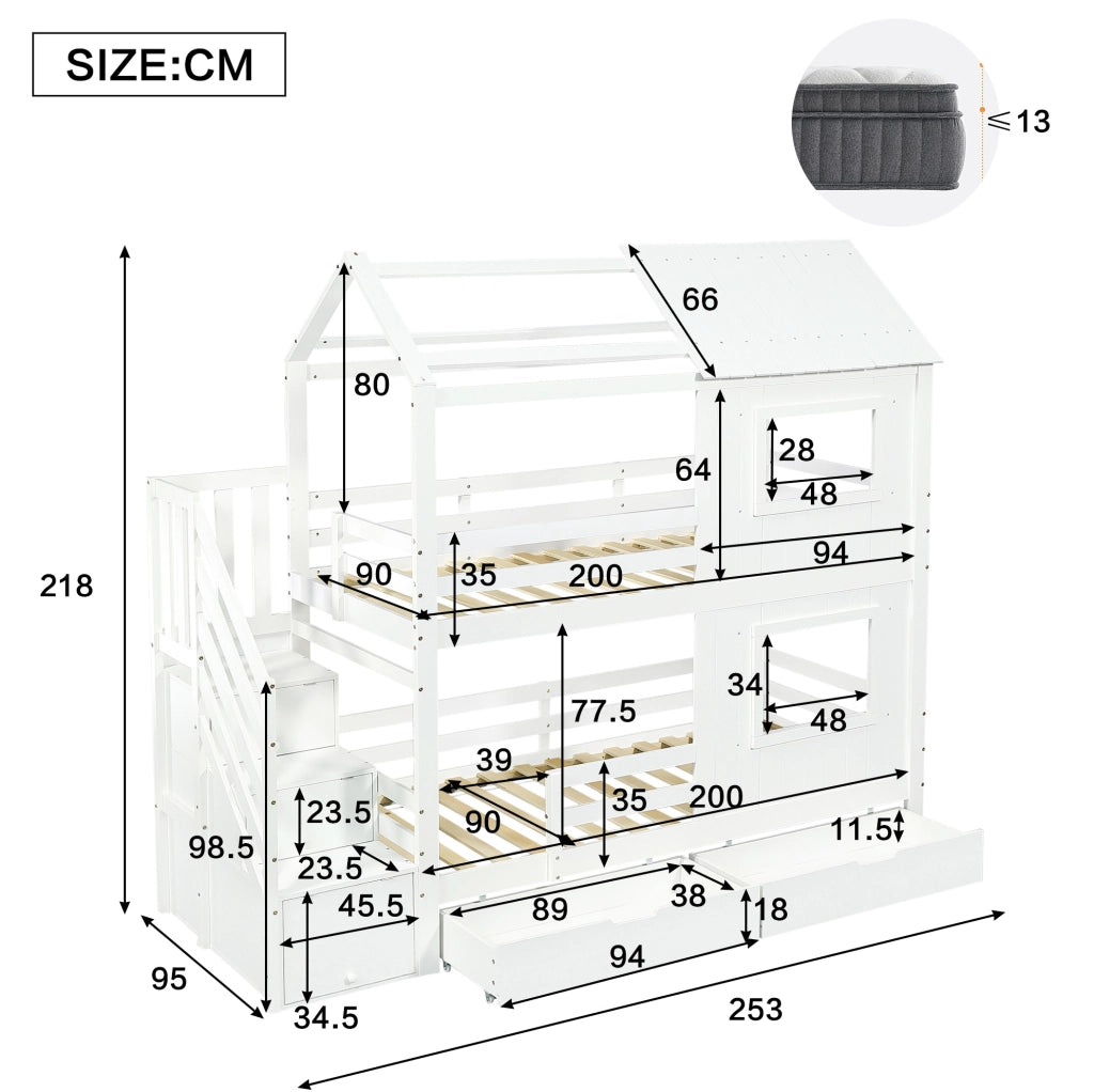 Letto a castello per bambini bianco 90x200 cm con scala contenitore