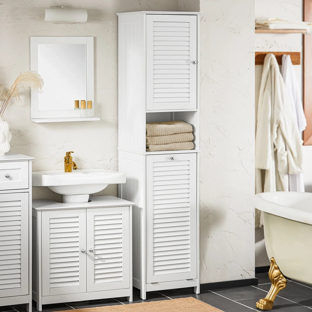 Mobile A Colonna Bagno Salvaspazio Mobile Alto Con Borsa Portabiancheria Pieghevole Bianco L40xP38xA170 Cm BZR124-W