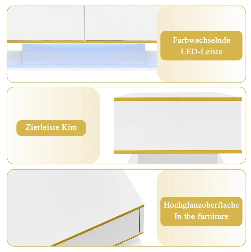 Tavolino da caffè con LED, 3 cassetti e finitura lucida