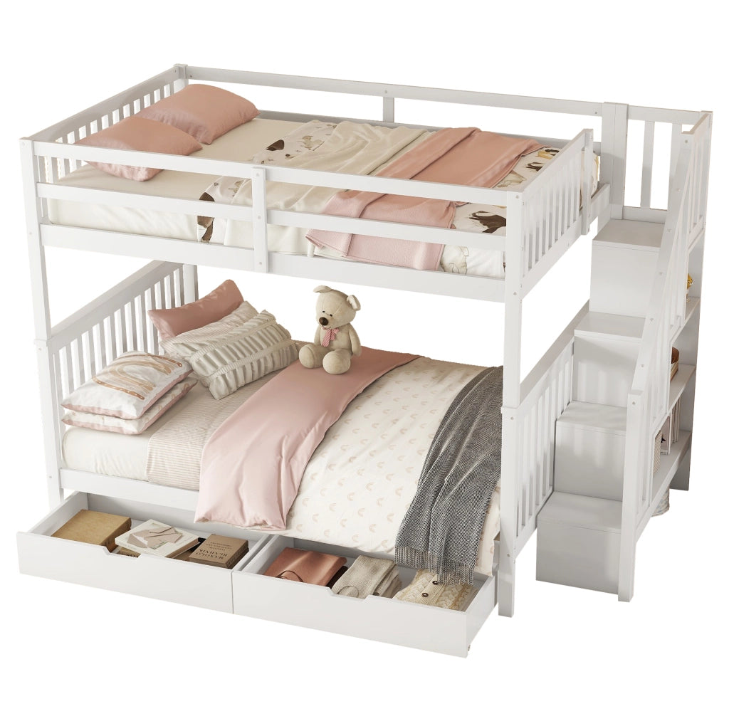 LETTO a castello con scala e 2 cassetti 140x200 cm bianco