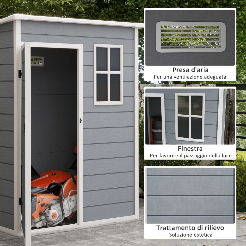 Casetta da Giardino Porta Attrezzi 151x92x193/184 cm con Porta Bloccabile Finestra e Presa d'Aria Grigio