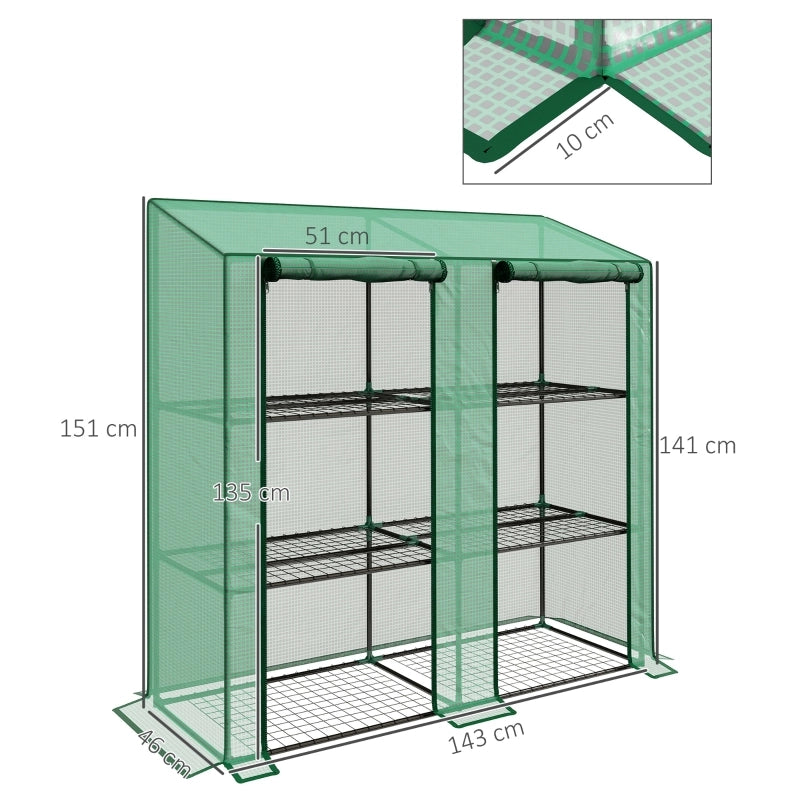 Mini serra, 3 livelli, 6 ripiani in filo metallico, 2 aperture, telo di plastica, verde