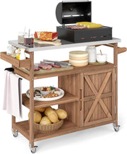 Carrello Barbecue in Legno, con Spazio di Conservazione, Isola da Cucina Esterna con Piano in Acciaio Inox, 3 Ripiani Aperti e Mobile, Porta Spezie, Porta Asciugamani, 118 x 47 x 92 cm