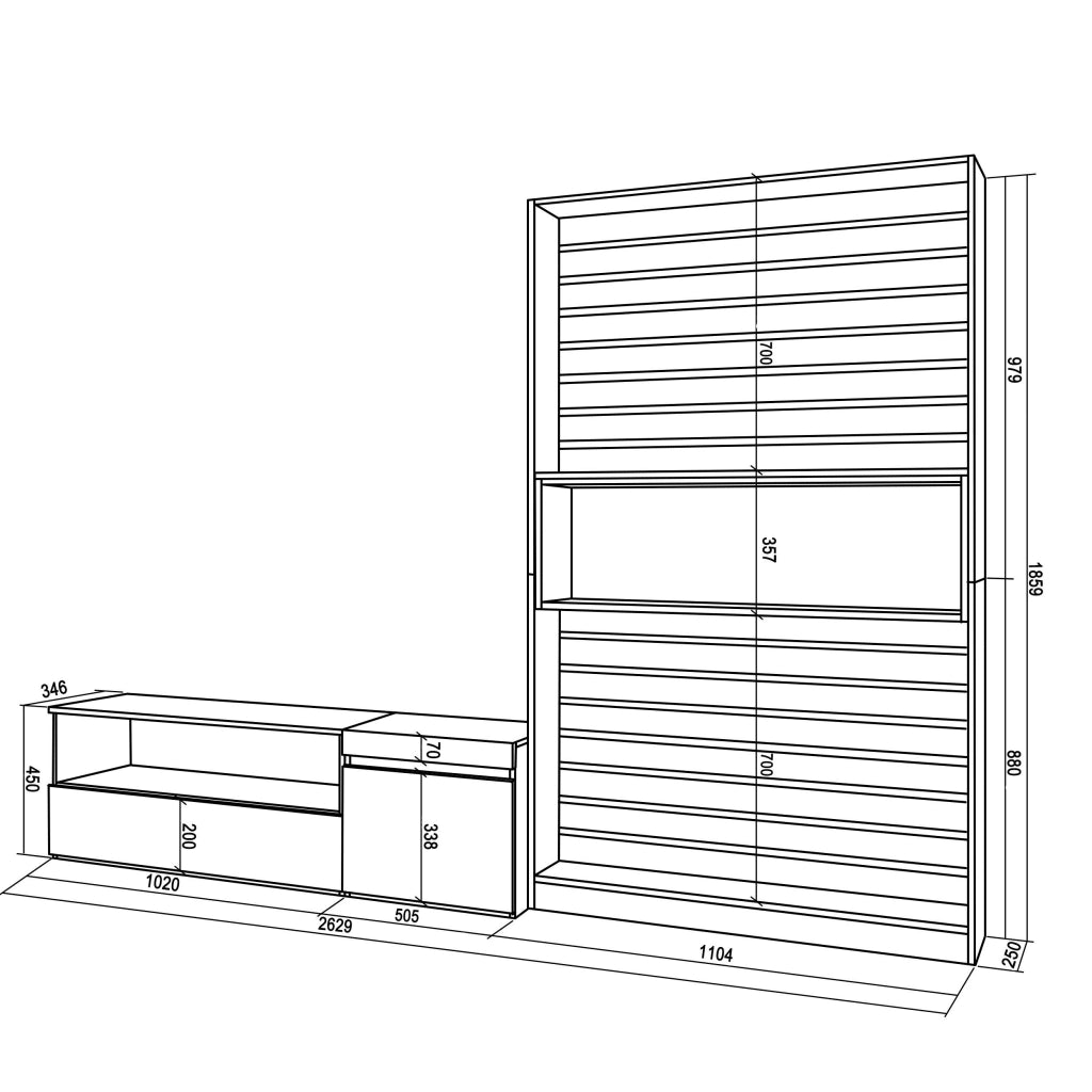 Mobile TV, Soggiorno, 260x35x186cm, Per TV fino a 65", Set di mobili, colore Rovere e nero RF2535