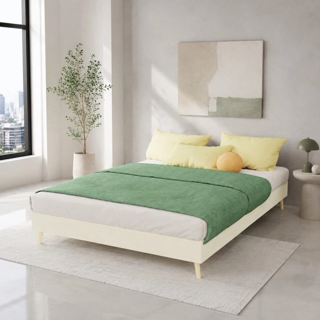 DESMIU Letto 140 × 200 cm 2 posti in tessuto, metallo e pannelli, senza materasso, beige