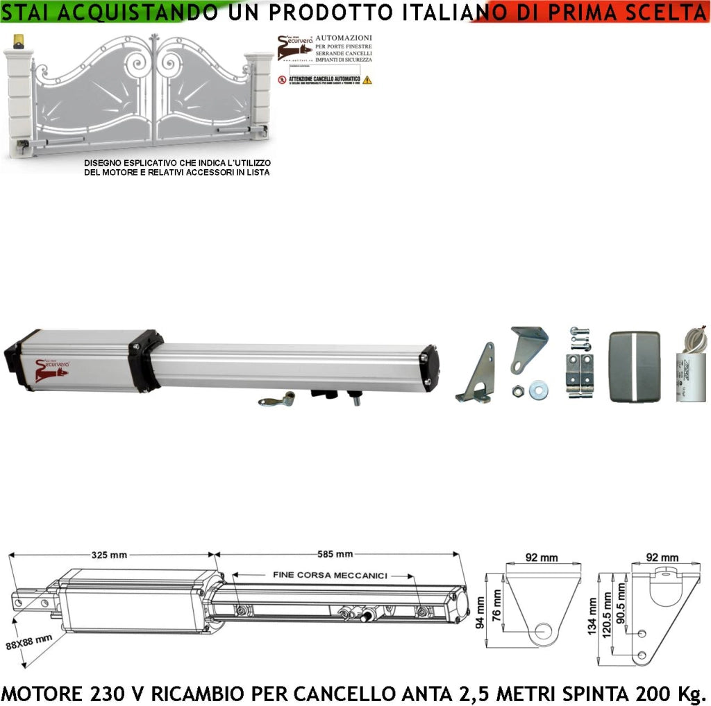 Cancello Automatico Anta 2,5 Metri Motoriduttore Elettromeccanico 220 V Corsa 400 mm Chiave Sblocco Ricambio Originale Securvera Finecorsa Meccanici Kit Staffe Bulloni Condensatore 16 µF 400V Misure 910X88X88 mm Compatibile BTF Came Proteco
