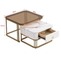 Set di Tavolini da Salotto Impilabili in Marmo Lucido e Vetro con Dettagli Dorati e Cassetti, 60x60x42,5 cm + 50x50x34 cm, Bianco