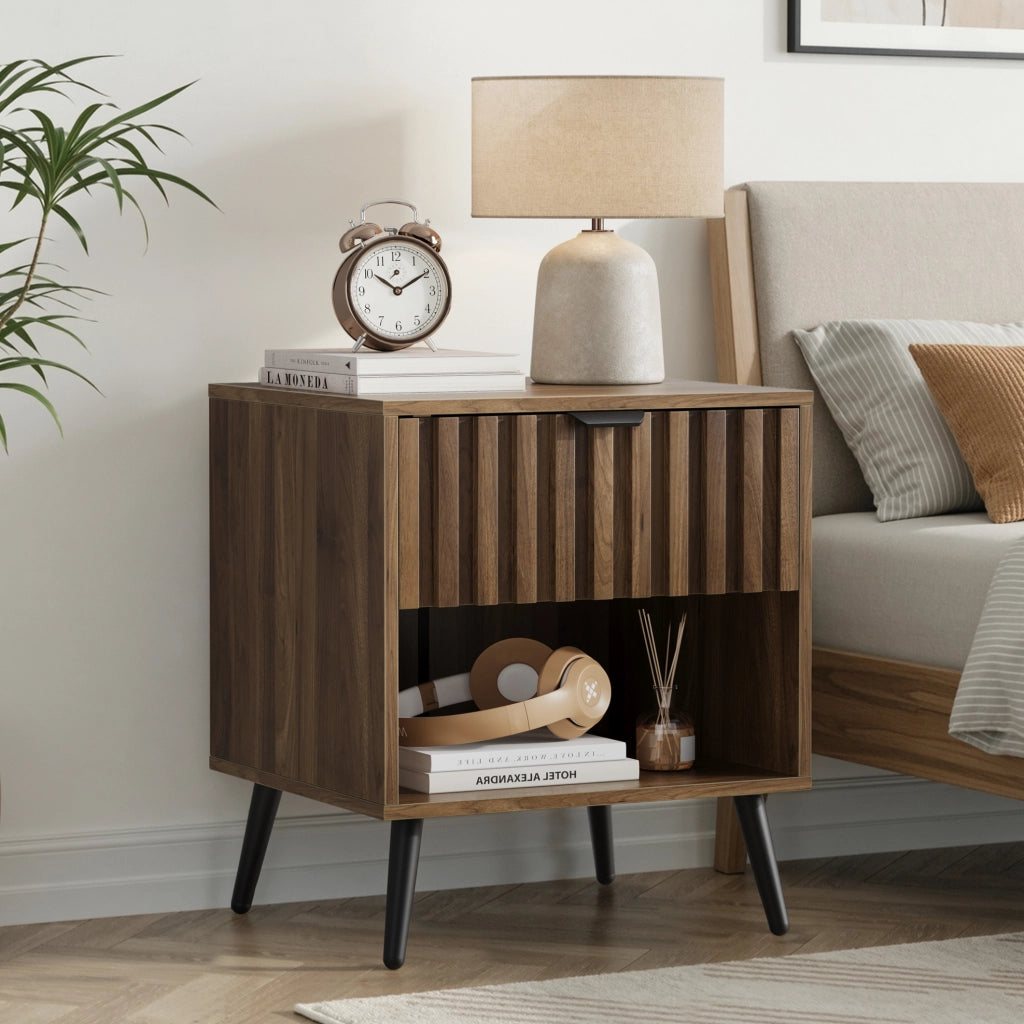 Comodino con cassetto e ripiano aperto 45 x 40 x 53 cm MDF effetto noce