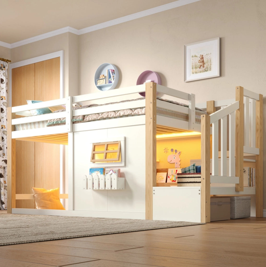 Letto a castello singolo 90x200 cm in legno di pino e MDF; con finestra; scala contenitore e LED; bianco