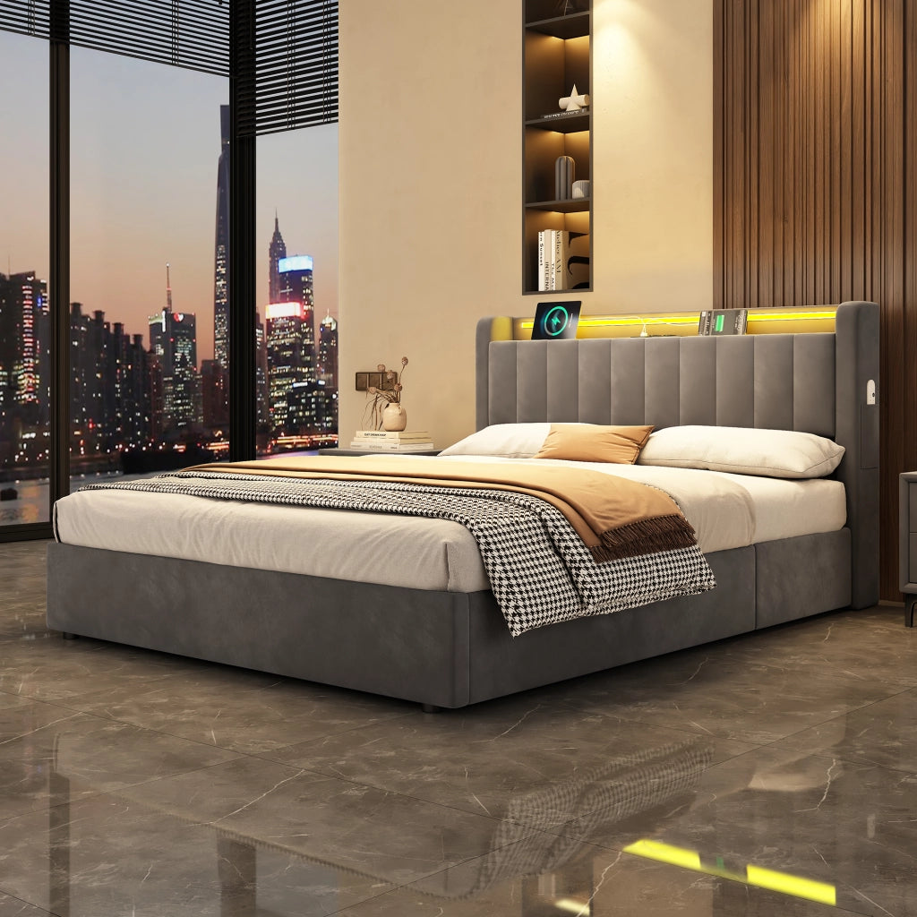 Letto imbottito 140x200 cm in velluto con contenitore, LED e porta USB