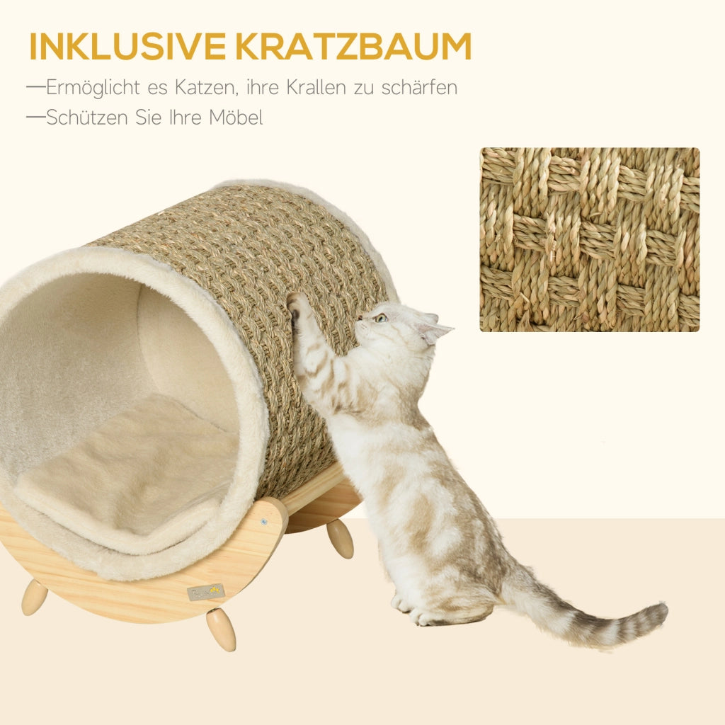 CUCCIA per gatti con tiragraffi e cuscino 41x38x43 cm legno kaki