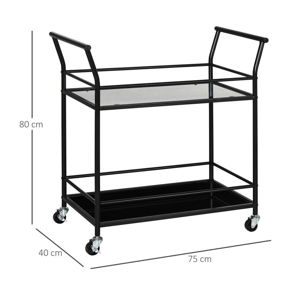 EASYCOMFORT  Carrello da Cucina a 2 Livelli con Piani in Vetro Temperato, 4 Ruote e Struttura in Metallo, 75x40x80 cm, Nero