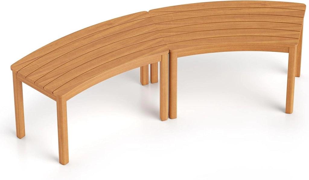 Set da 2 Panchine Curve in Legno di Acacia, Panchina Senza Schienale con Portata 360, Panca da Esterno per Veranda, Terrazza, Giardino e Fuoco da Campo (4)