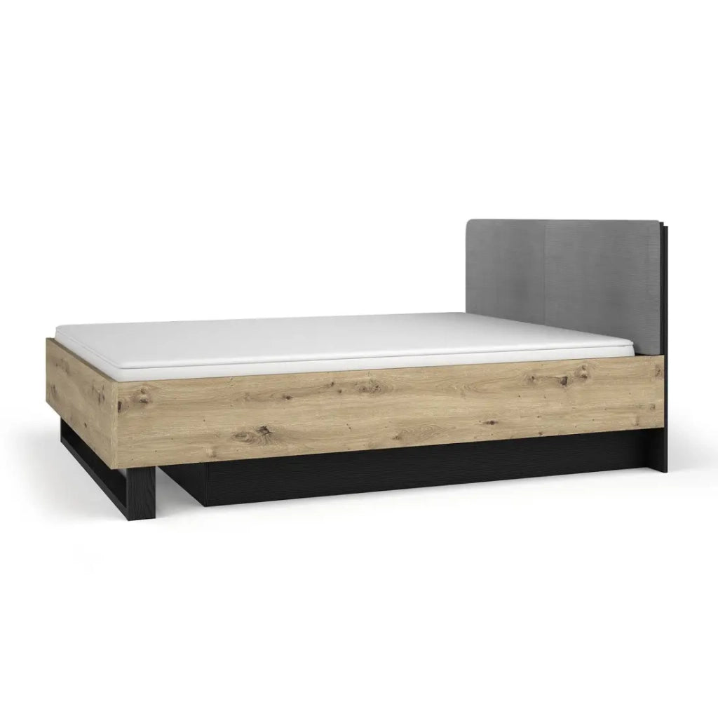 Letto contenitore MELODY 160x200 cm – Testiera imbottita – Nero grafite e rovere chiaro – 5 colli