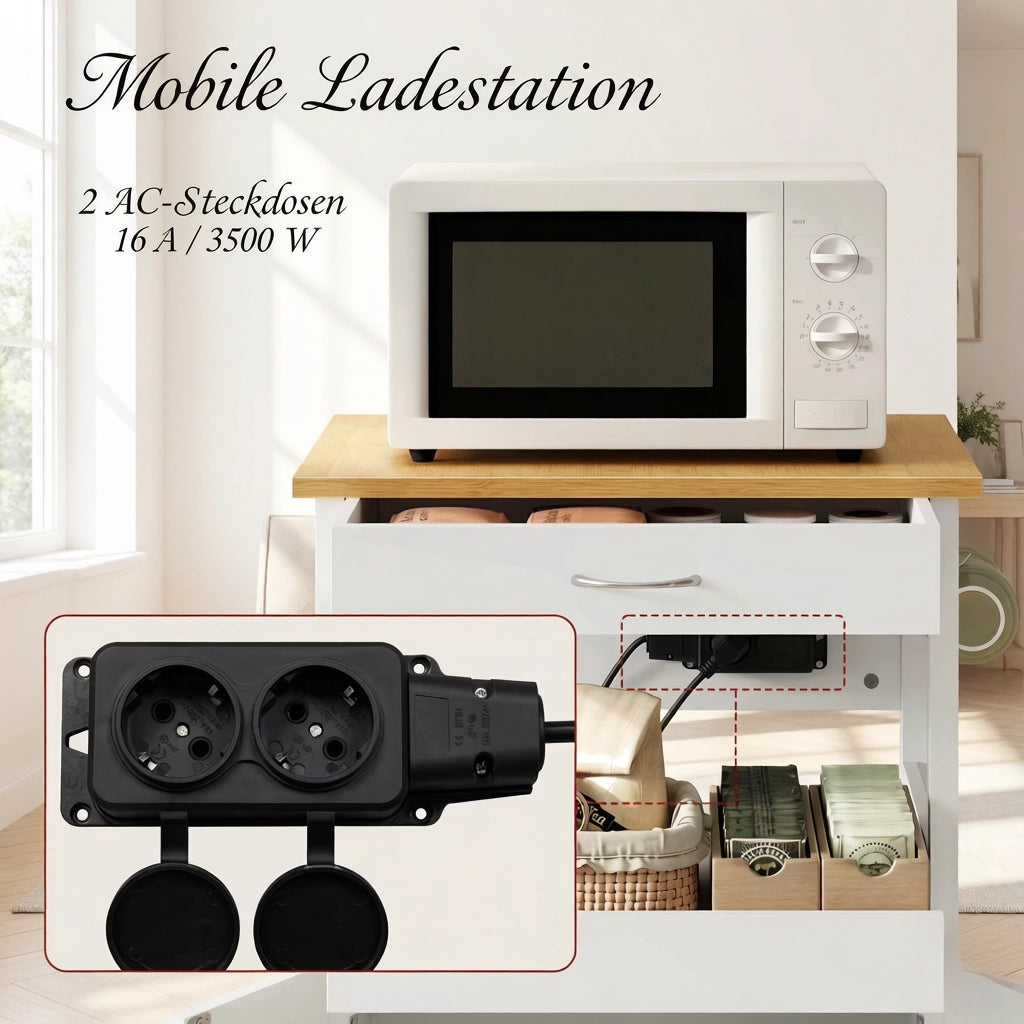 CARRELLO Cucina con 2 Prese e Rotelle 60x45x92 cm MDF Bianco