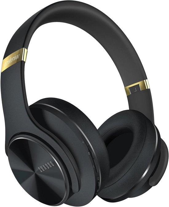Cuffie Bluetooth over-ear fino a 90 ore di durata, senza fili con 3 modalità EQ, Driver 40 mm, guanciali in memoria di forma e microfono anti-rumore per Smartphone/PC/TV (Nero- Oro)