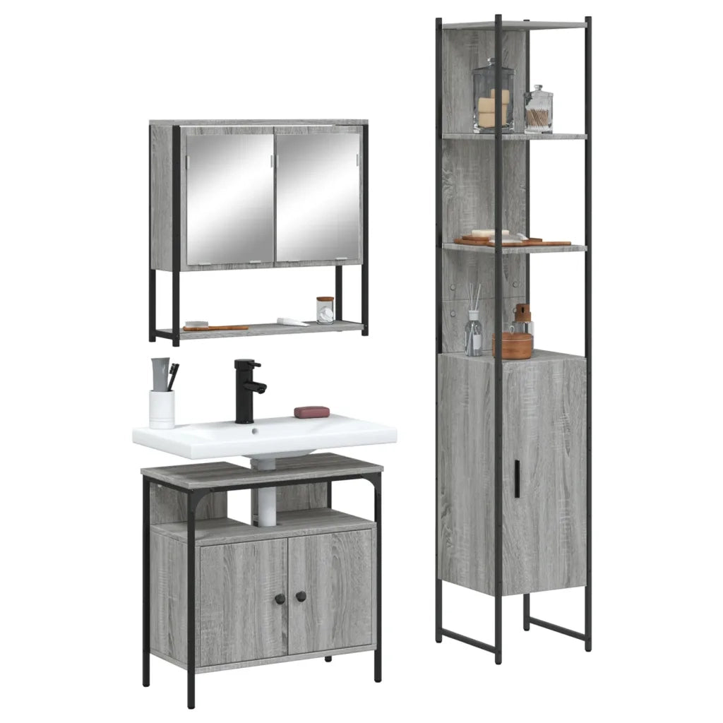 Set Mobili da Bagno | Armadio da bagno 3 pz Grigio Sonoma in Legno Multistrato