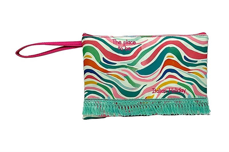 POUCHETTE MARE CON FRANGE E LACCETTO DA POLSO FANTASIA MULTICOLORE E SCRITTE  28X18 CM