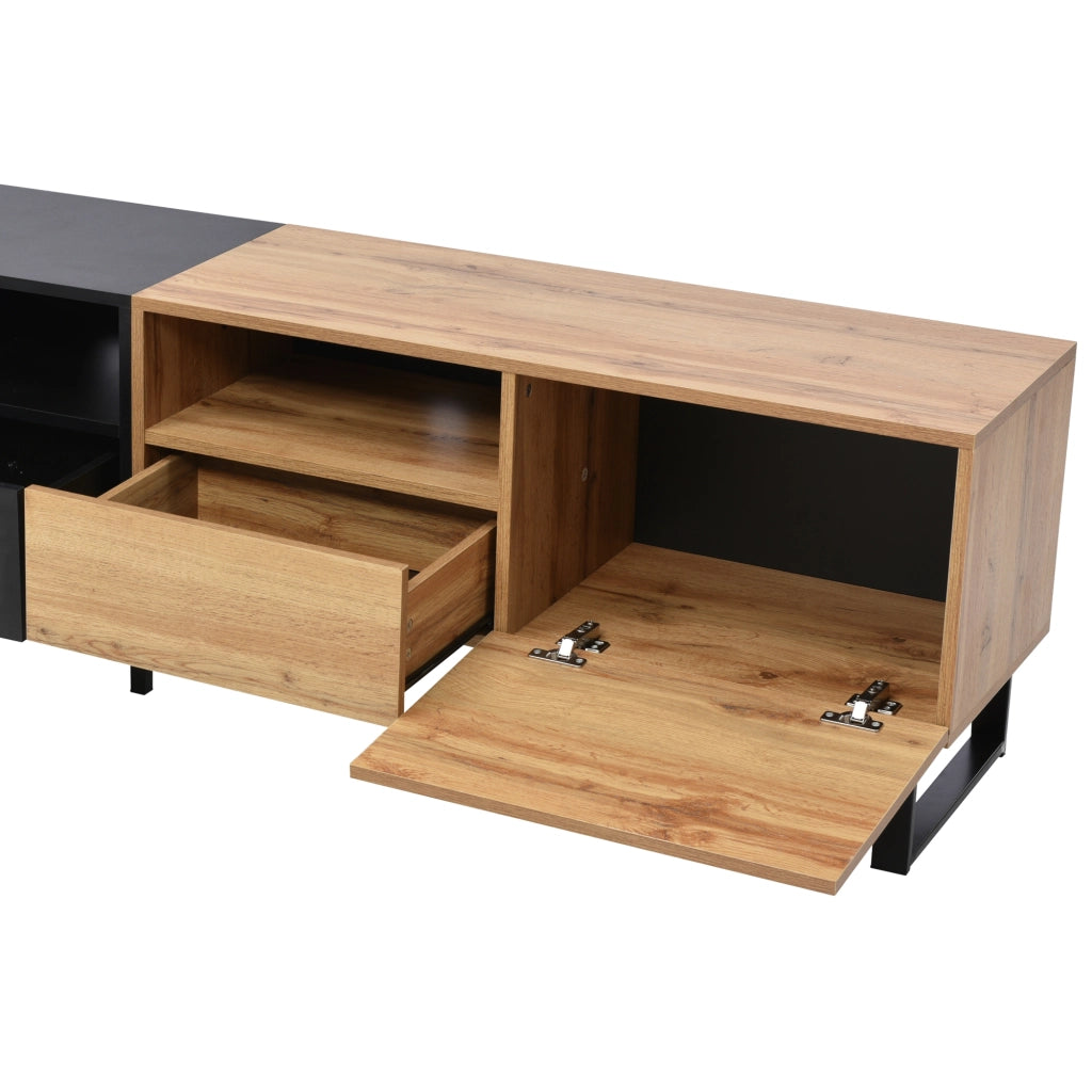 Mobile TV con 2 Ante e 2 Cassetti per Soggiorno; in MDF; Nero e Colore Legno; 190×38×48 cm