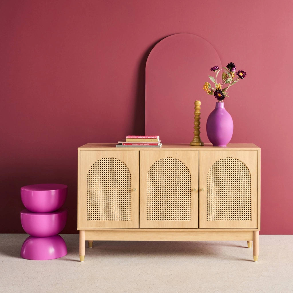Credenza decorazione legno e canna 3 ante 120cm, marrone naturale