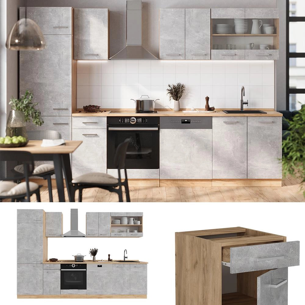 Cucina componibile R-Line Calcestruzzo/Rovere dorato 300 cm, PL Marmo Vicco
