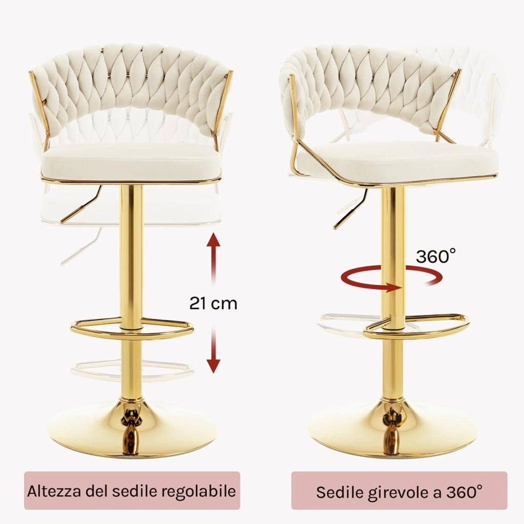 Sgabelli da Cucina Set di 2, Sgabelli da Bar Girevoli Altezza Regolabile con Schienale e Poggiapiedi, Velluto, Crema