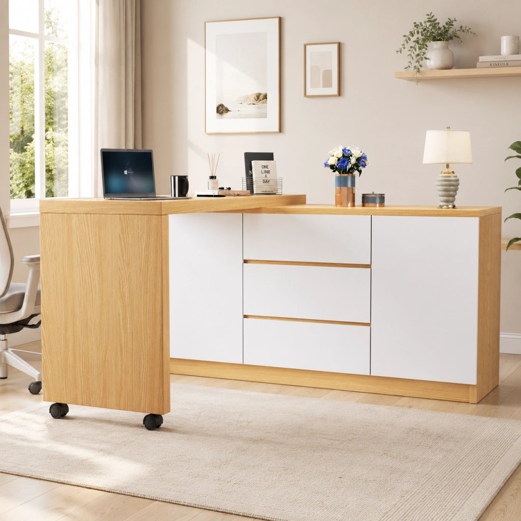 Scrivania pieghevole 120x50x76.5 cm girevole a 360°; con ruote frenanti in truciolare naturale e bianco