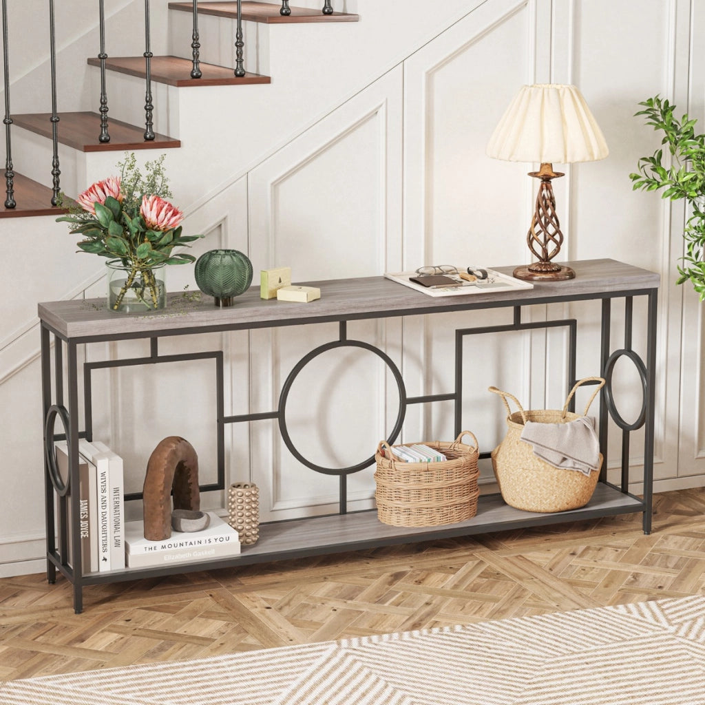 Tavolo consolle moderno a 2 ripiani stile mid-century-Tavolo consolle stretto per ingresso con struttura in metallo Marrone rustico e nero