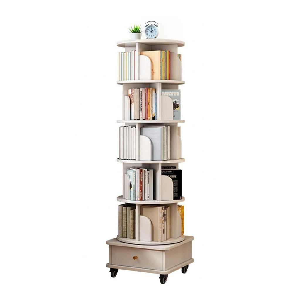 Libreria Girevole a 360° con Cassetto e Ruote, Bianca in MDF