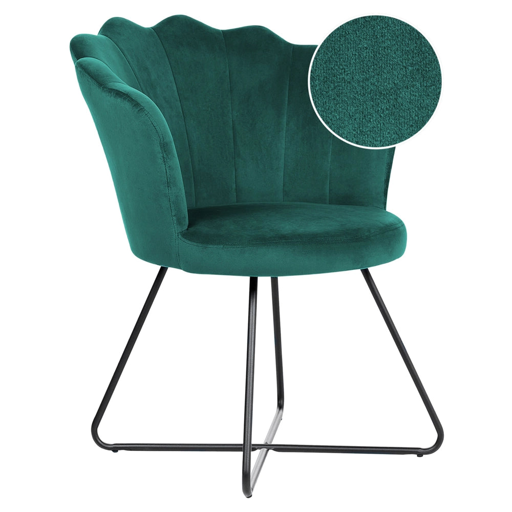 Sedia senza braccioli Rivestimento in velluto verde Schienale a conchiglia Design classico vintage Struttura in metallo nero