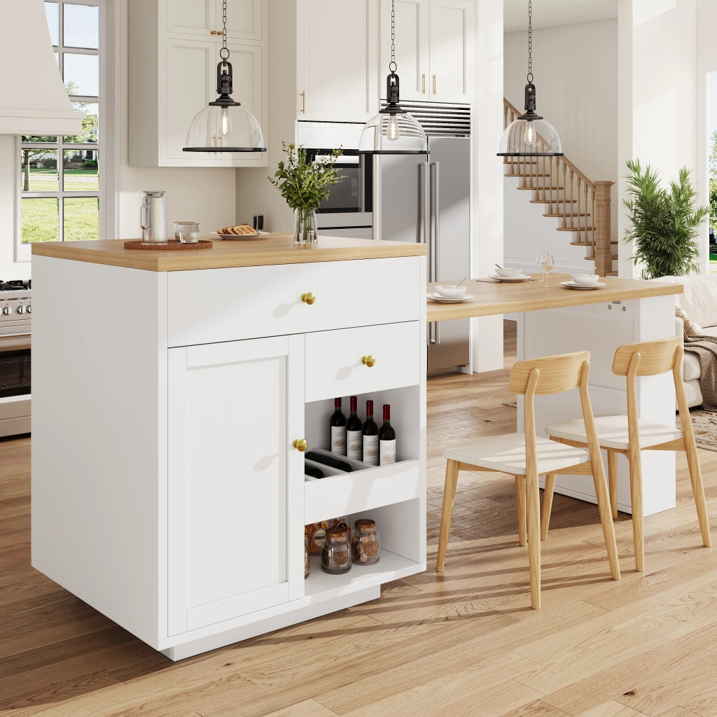 Mobile cucina a isola con piano estraibile; 2 cassetti e vani; per cucina; in MDF; 122.5x70x93.8 cm; bianco