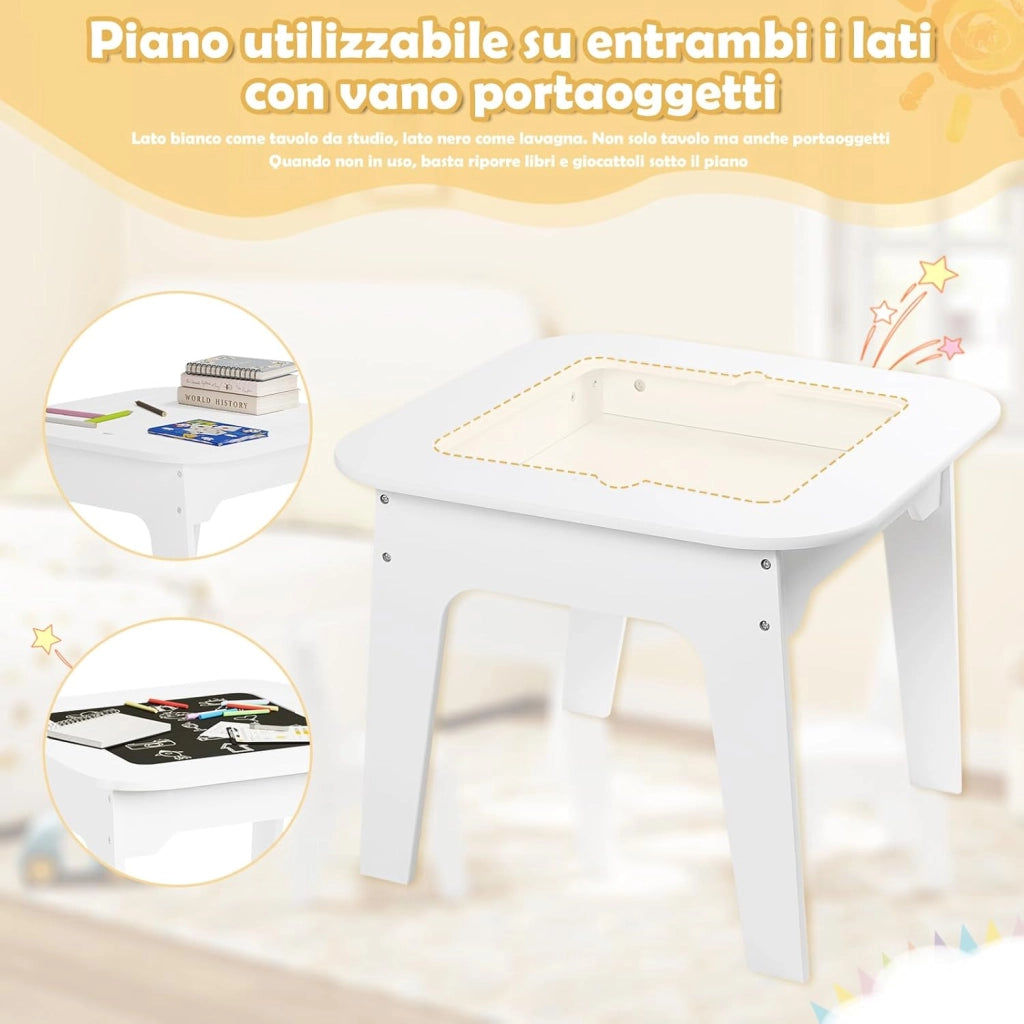 Tavolino per Bambini con Sedie, Set di Tavolo con Lavagna e Contenitore, Mobile per Cameretta dei Bambini, Asilo, Scuola Materna, Piano Ribaltabile