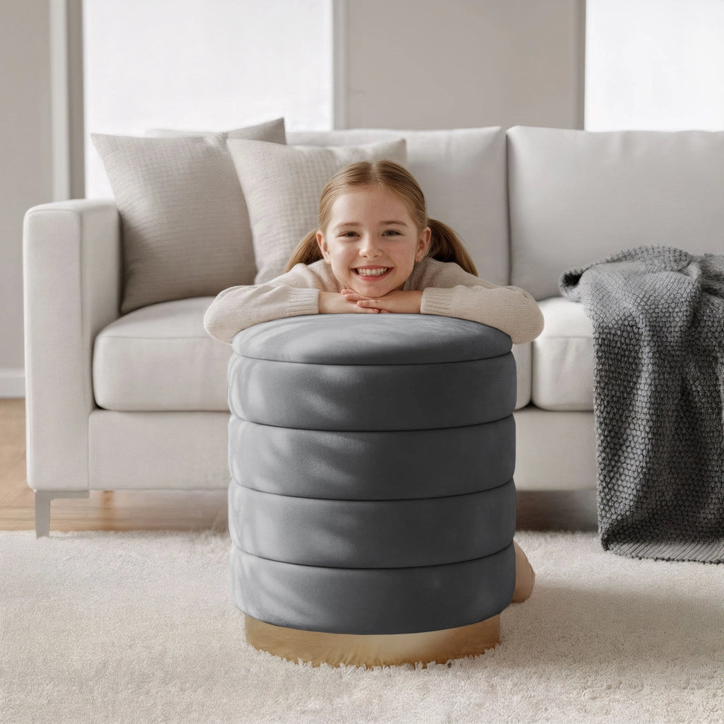 Pouf contenitore cilindrico in velluto 40 cm LUNA Grigio Scuro