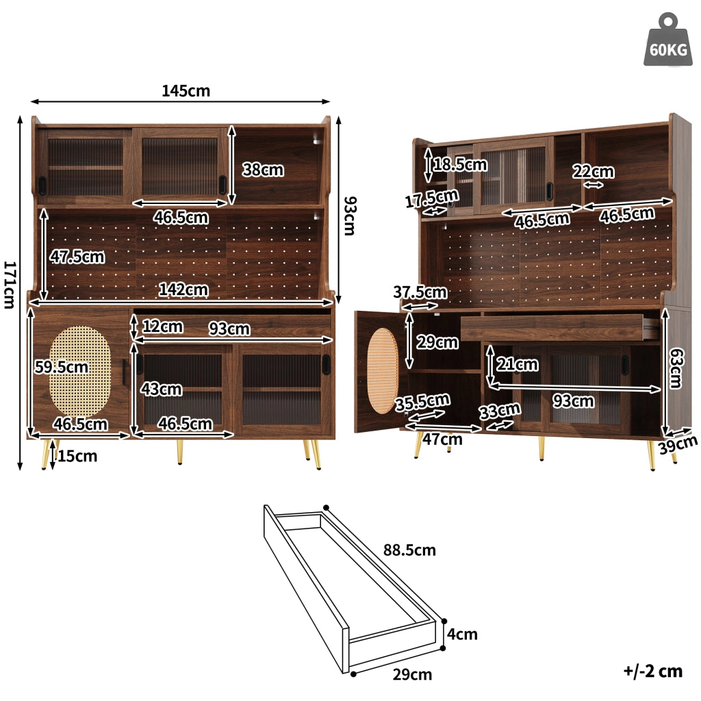 Credenza LED con cassetti e pannello perforato per cucina e sala da pranzo; in MDF; marrone; 145 × 39 × 171 cm